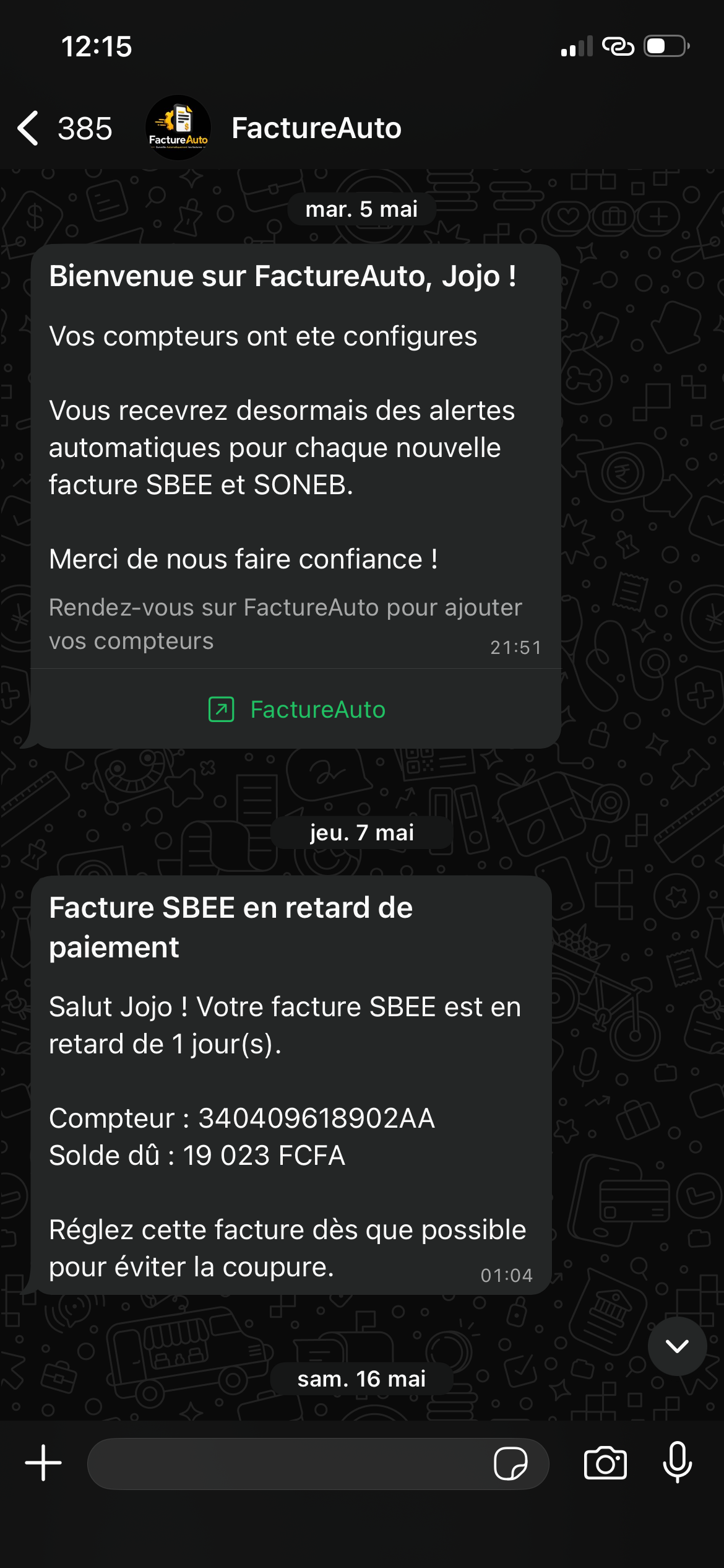 Exemple réel d'alertes WhatsApp envoyées par FactureAuto : bienvenue et rappel de facture SBEE en retard